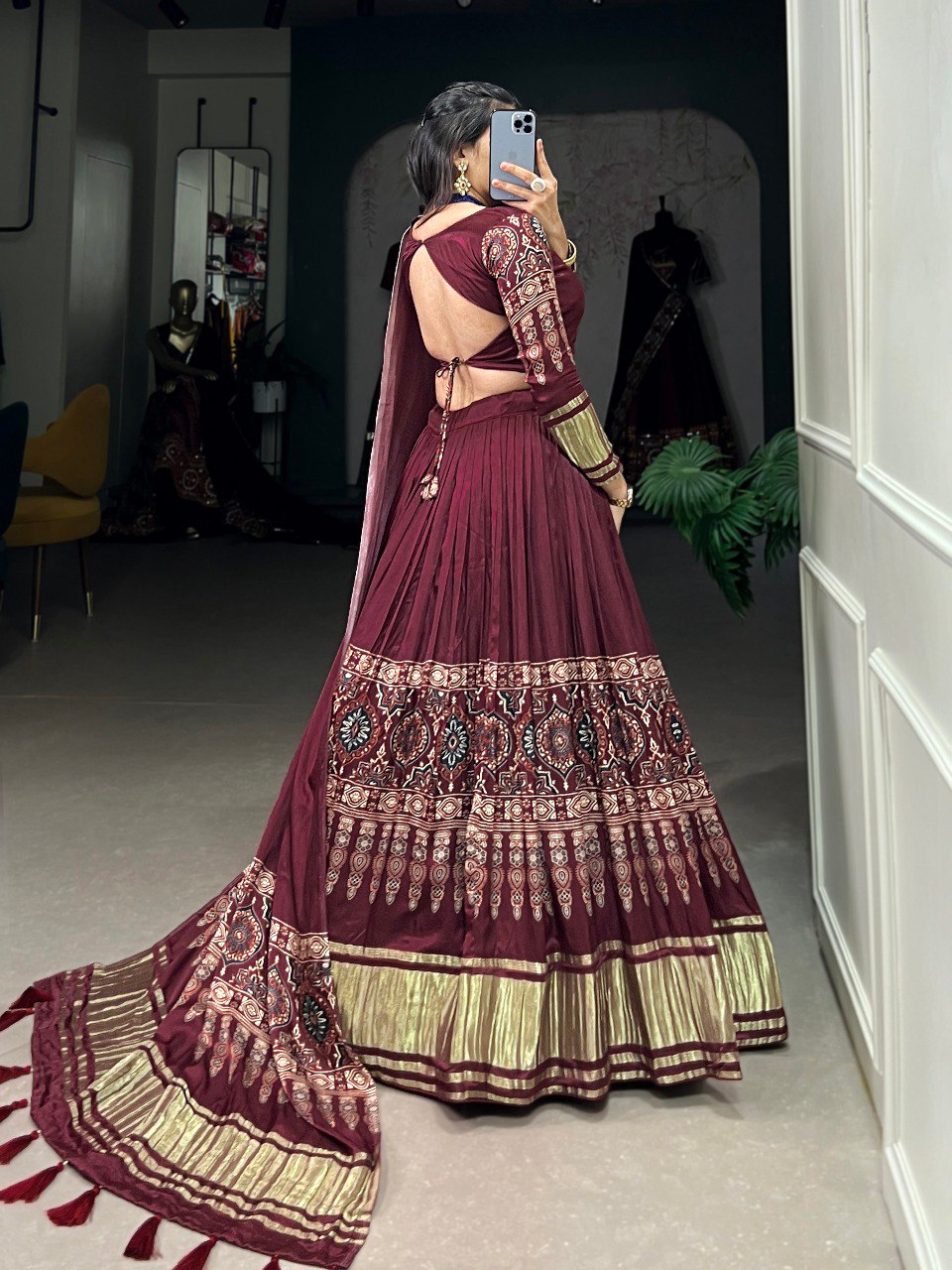 Lorenvalley Maroon Gaji Silk Digital Print With Lagadi Patta Lehenga Choli with Dupatta | Grocsy
