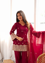 Lorenvalley Fashion Maroon Crunchy Silk with Embroidery Sequence, Dori and Zari Work Kurta Bell Bottom Pants with Dupatta | Grocsy