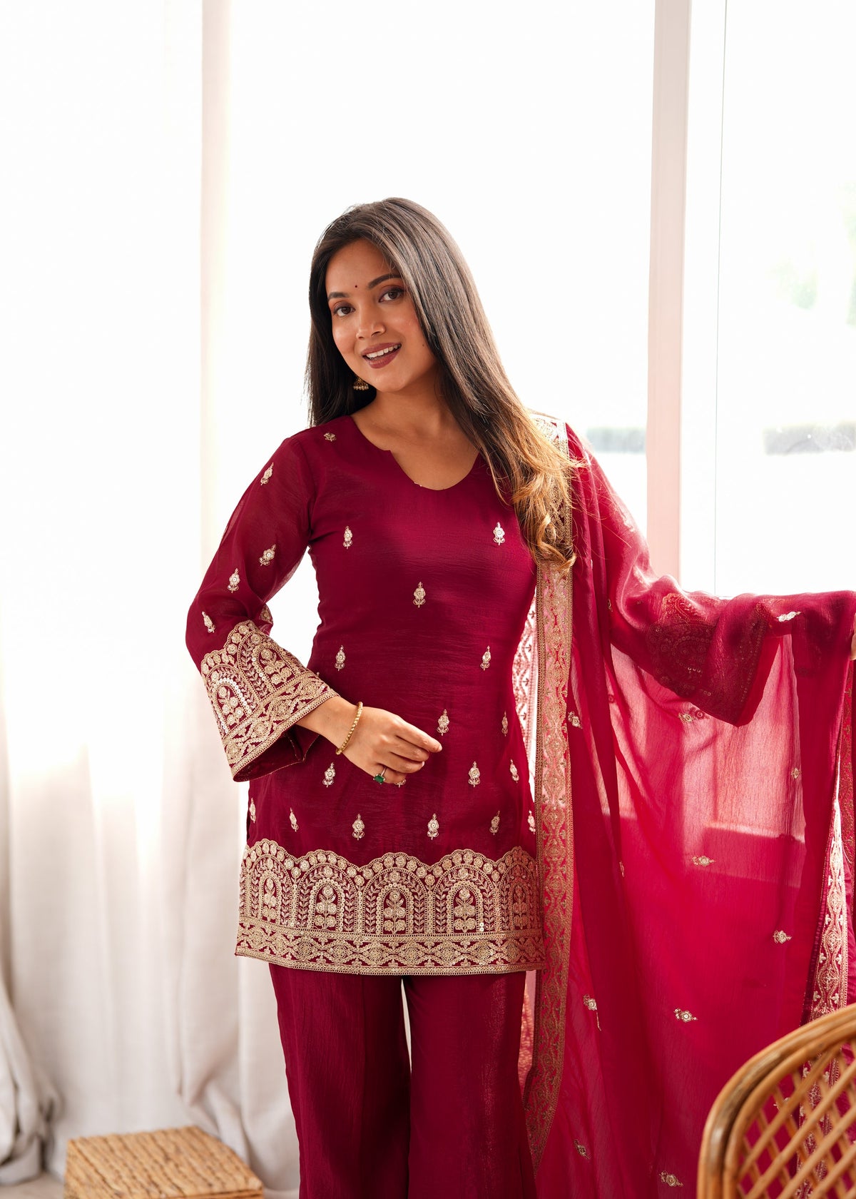 Lorenvalley Fashion Maroon Crunchy Silk with Embroidery Sequence, Dori and Zari Work Kurta Bell Bottom Pants with Dupatta | Grocsy