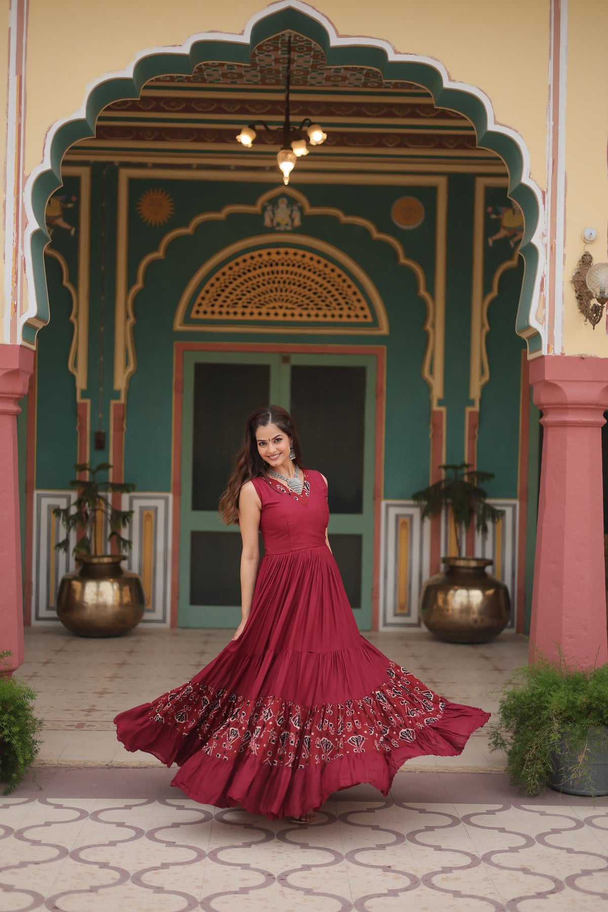 Lorenvalley Maroon Rayon Fabric with Printed Attached In Frill And Neck Gown | Grocsy