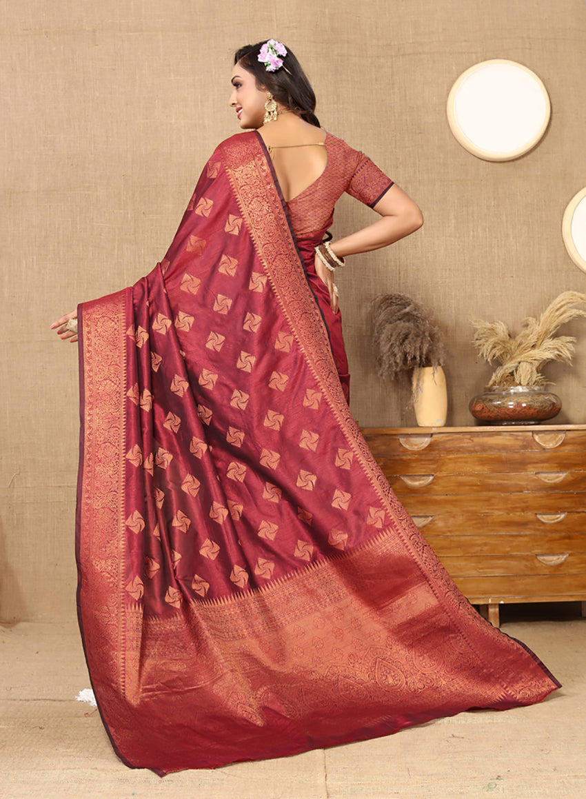 Lorenvalley Fashion Maroon Soft Katan Silk Woven Design Copper Zari Weaving Saree | Grocsy