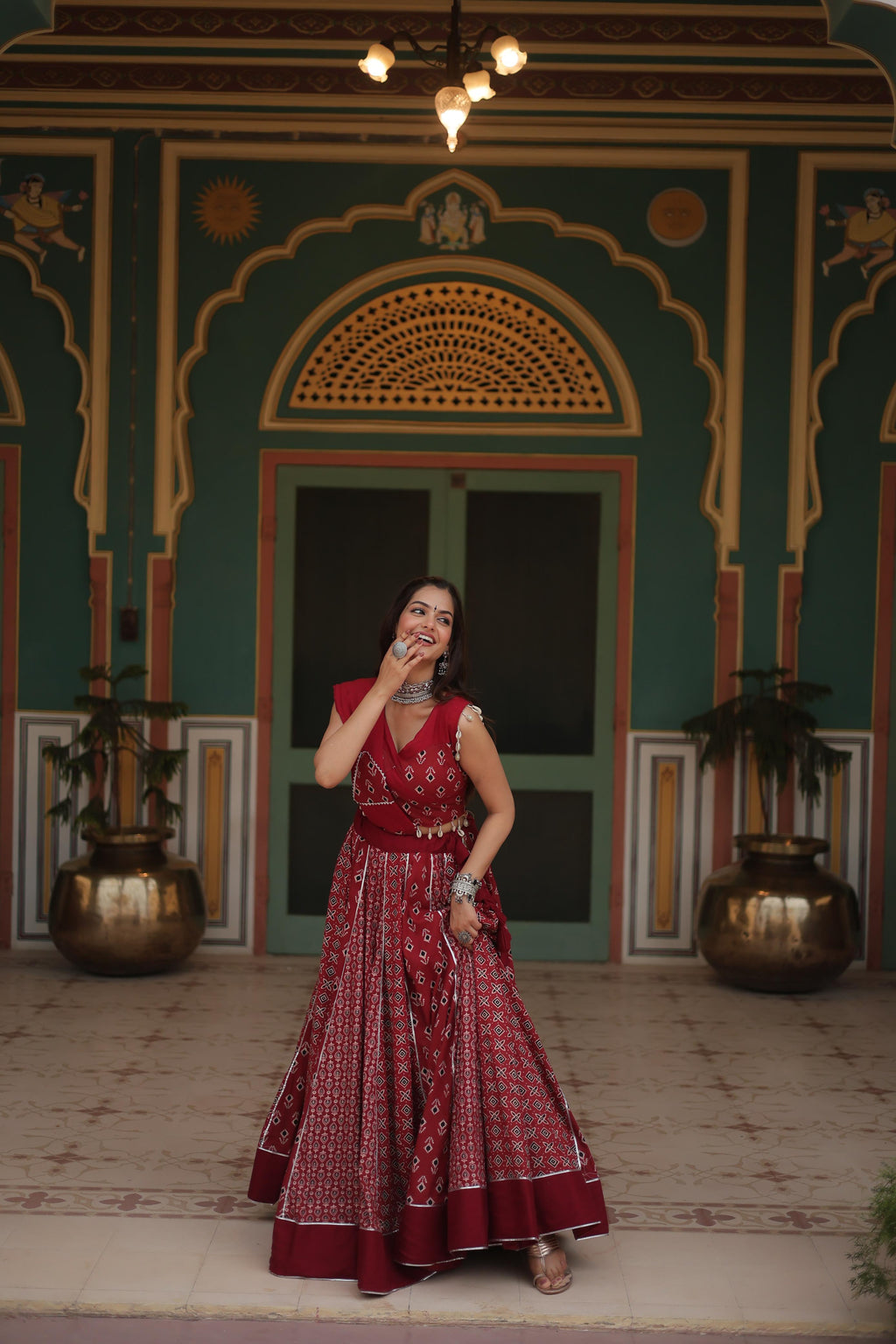 Lorenvalley Maroon Rayon Gota Patti Lace Printed Kali Pattern Lehenga Choli with Dupatta | Grocsy