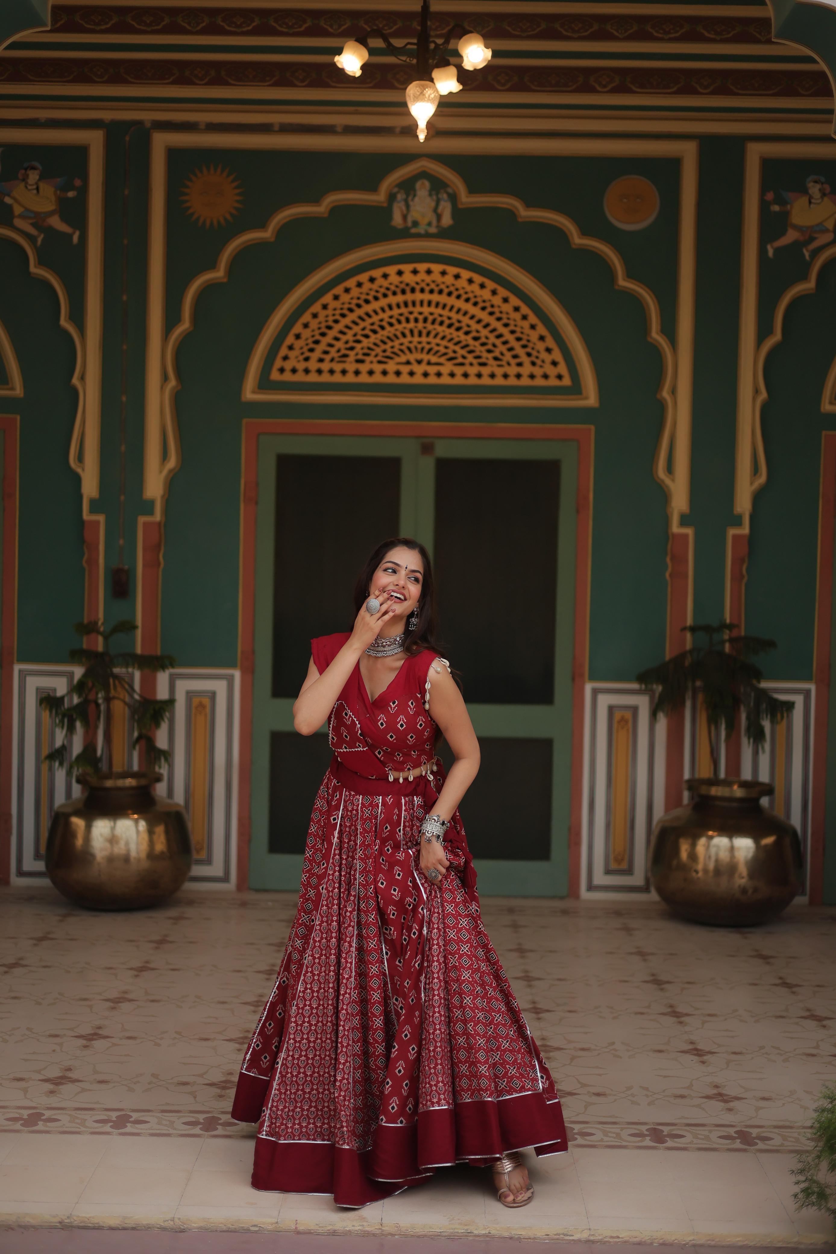 Lorenvalley Maroon Rayon Gota Patti Lace Printed Kali Pattern Lehenga Choli with Dupatta | Grocsy