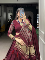 Lorenvalley Maroon Gaji Silk Digital Print With Lagadi Patta Lehenga Choli with Dupatta | Grocsy