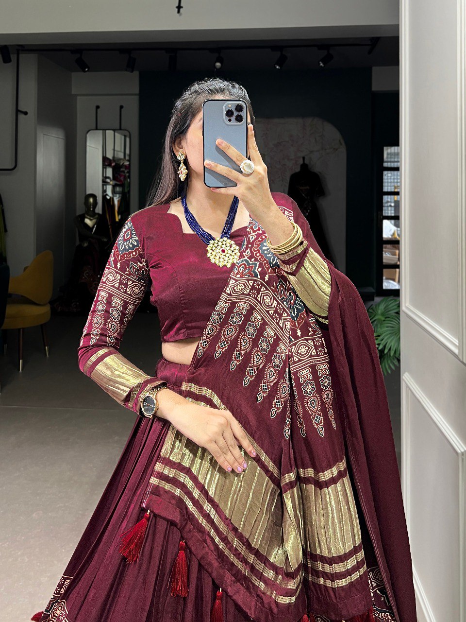 Lorenvalley Maroon Gaji Silk Digital Print With Lagadi Patta Lehenga Choli with Dupatta | Grocsy