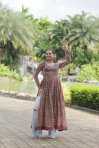 Lorenvalley Maroon Printed Cotton With Kutchi Gamthi Work And Kodi Lace Kurti | Grocsy