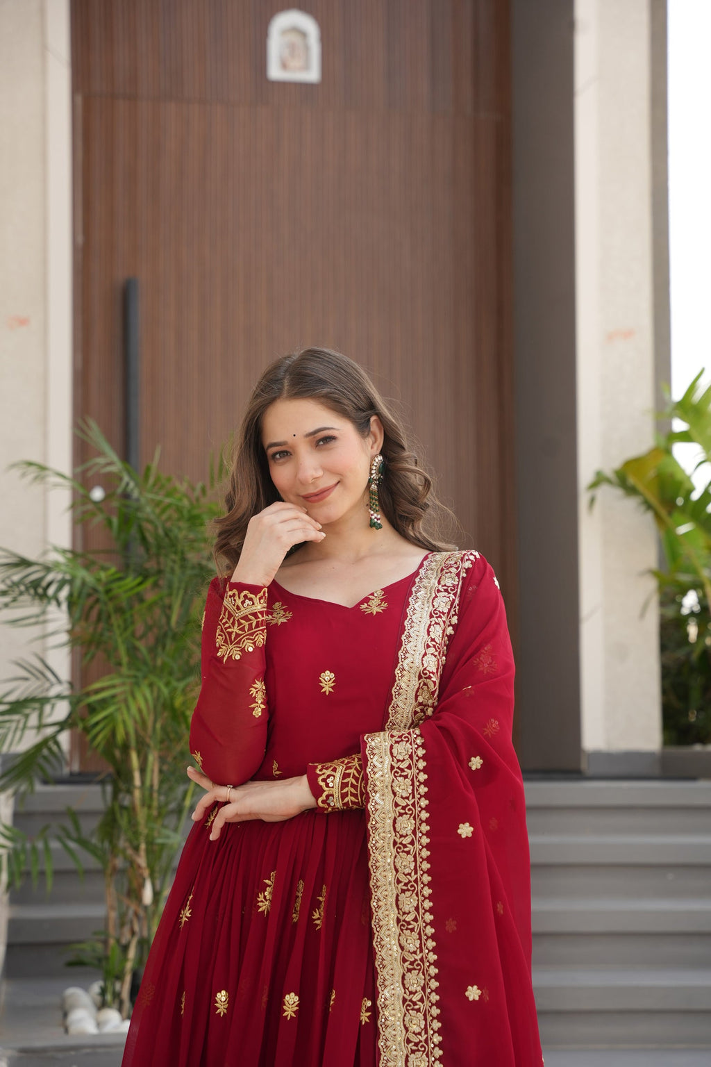 Lorenvalley Fashion Maroon Faux Georgette with Zari & Sequins Embroidered Work Anarkali Gown with Dupatta | Grocsy