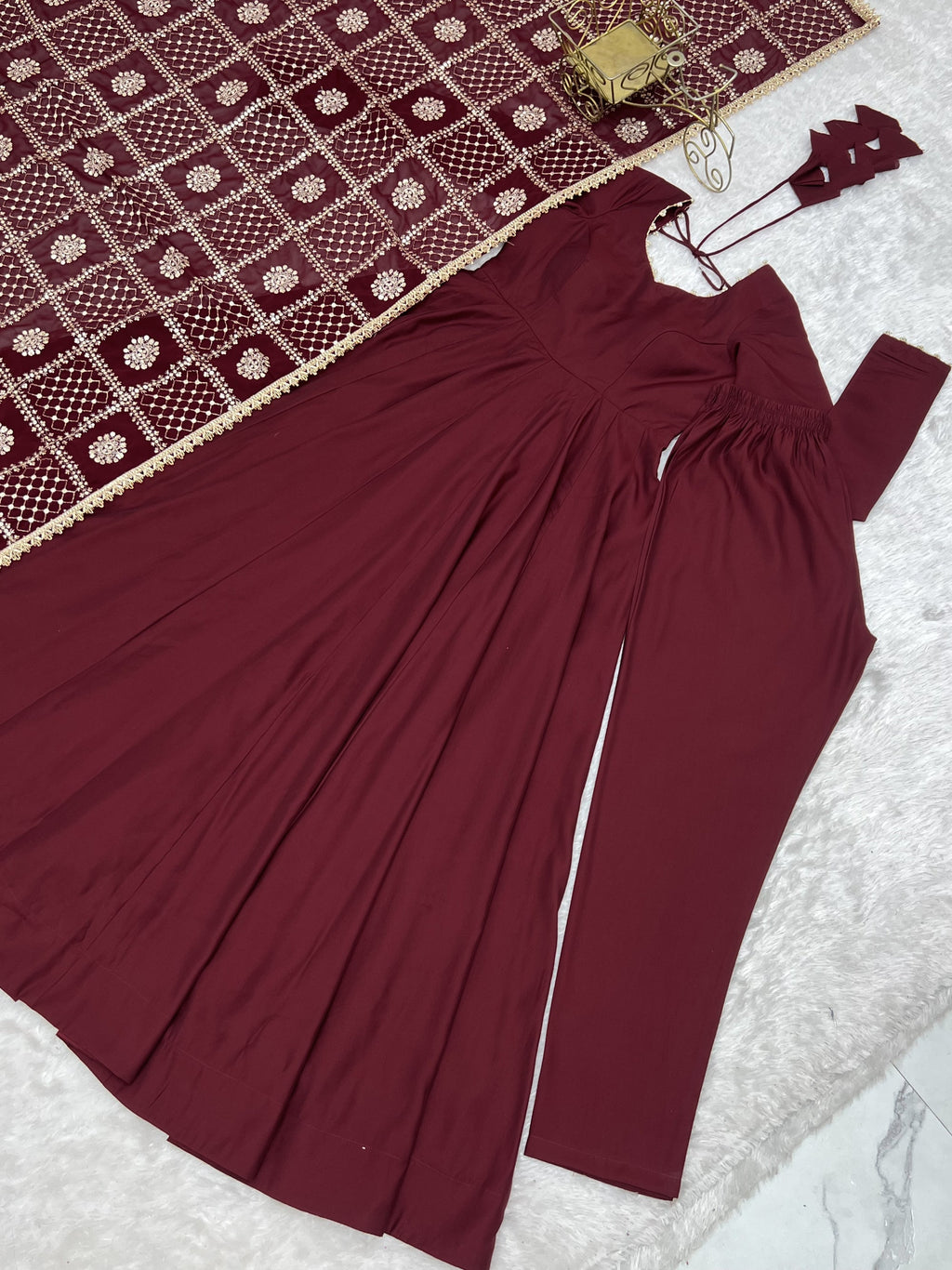 Lorenvalley Fashion Maroon Roman Chanderi Silk 16 Kali Anarkali Gown Pants with Dupatta | Grocsy