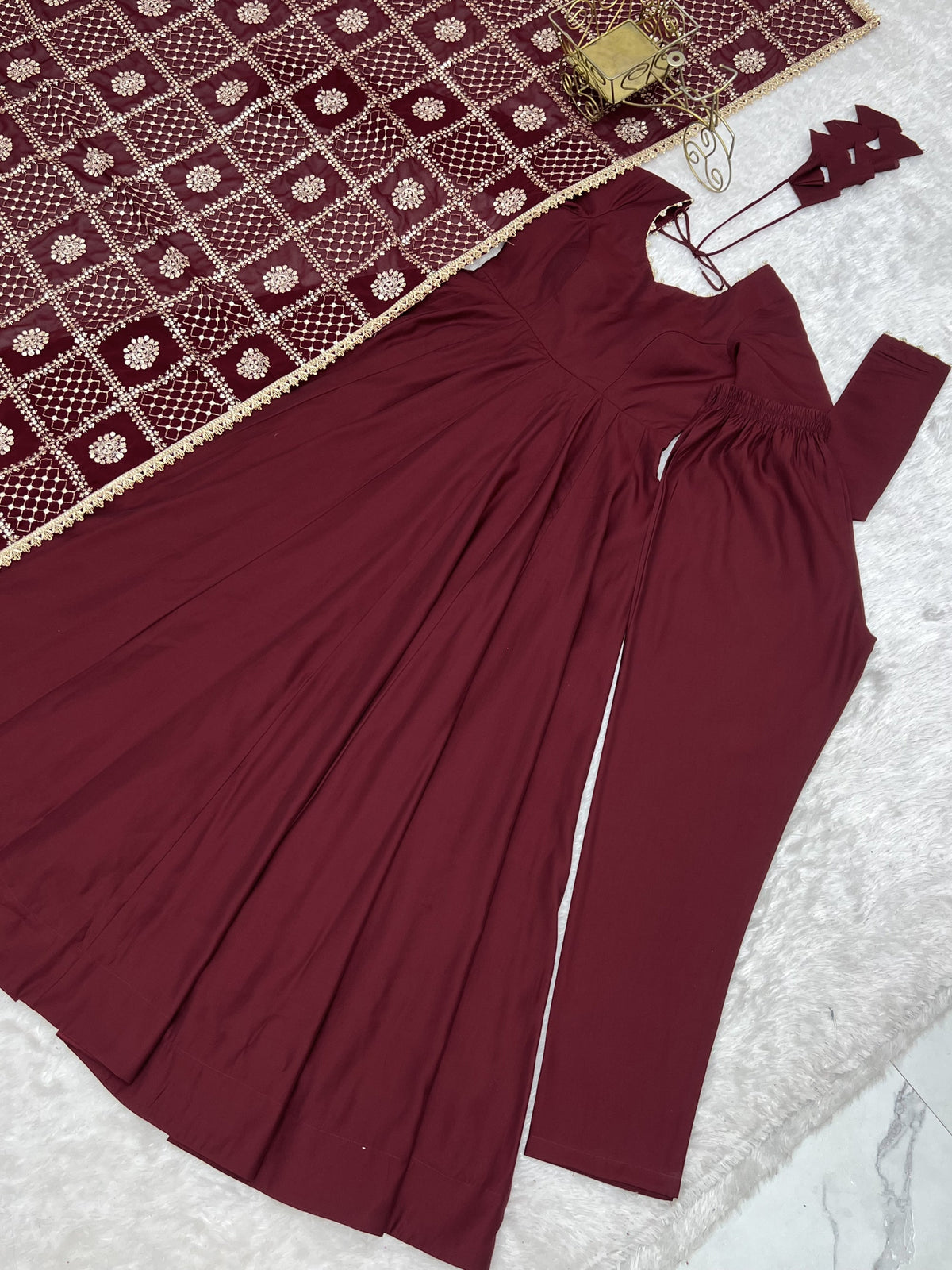 Lorenvalley Fashion Maroon Roman Chanderi Silk 16 Kali Anarkali Gown Pants with Dupatta | Grocsy