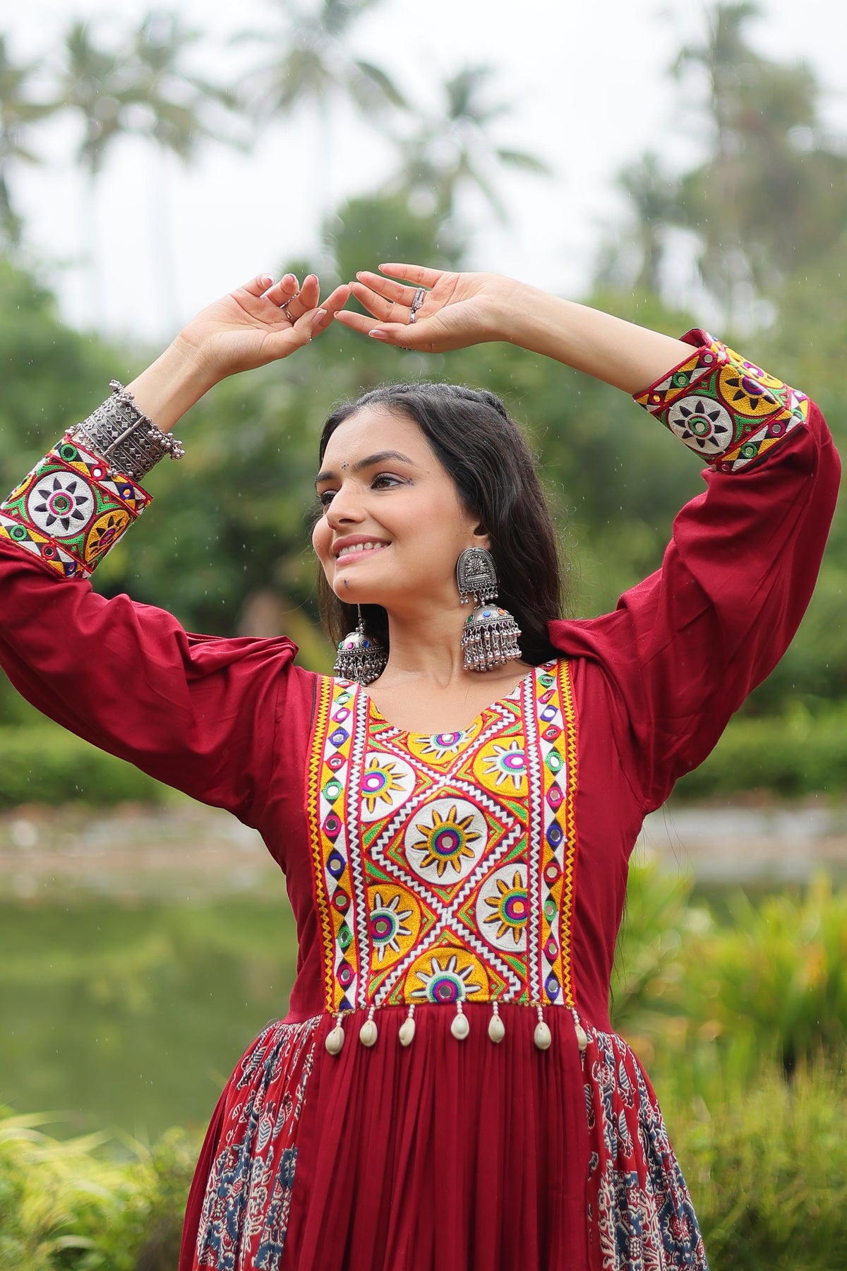 Lorenvalley Maroon Rayon Contrast of Printed with Kutchi Gamthi work Gown | Grocsy