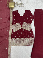 Lorenvalley Fashion Maroon Crunchy Silk with Embroidery Sequence, Dori and Zari Work Kurta Bell Bottom Pants with Dupatta | Grocsy