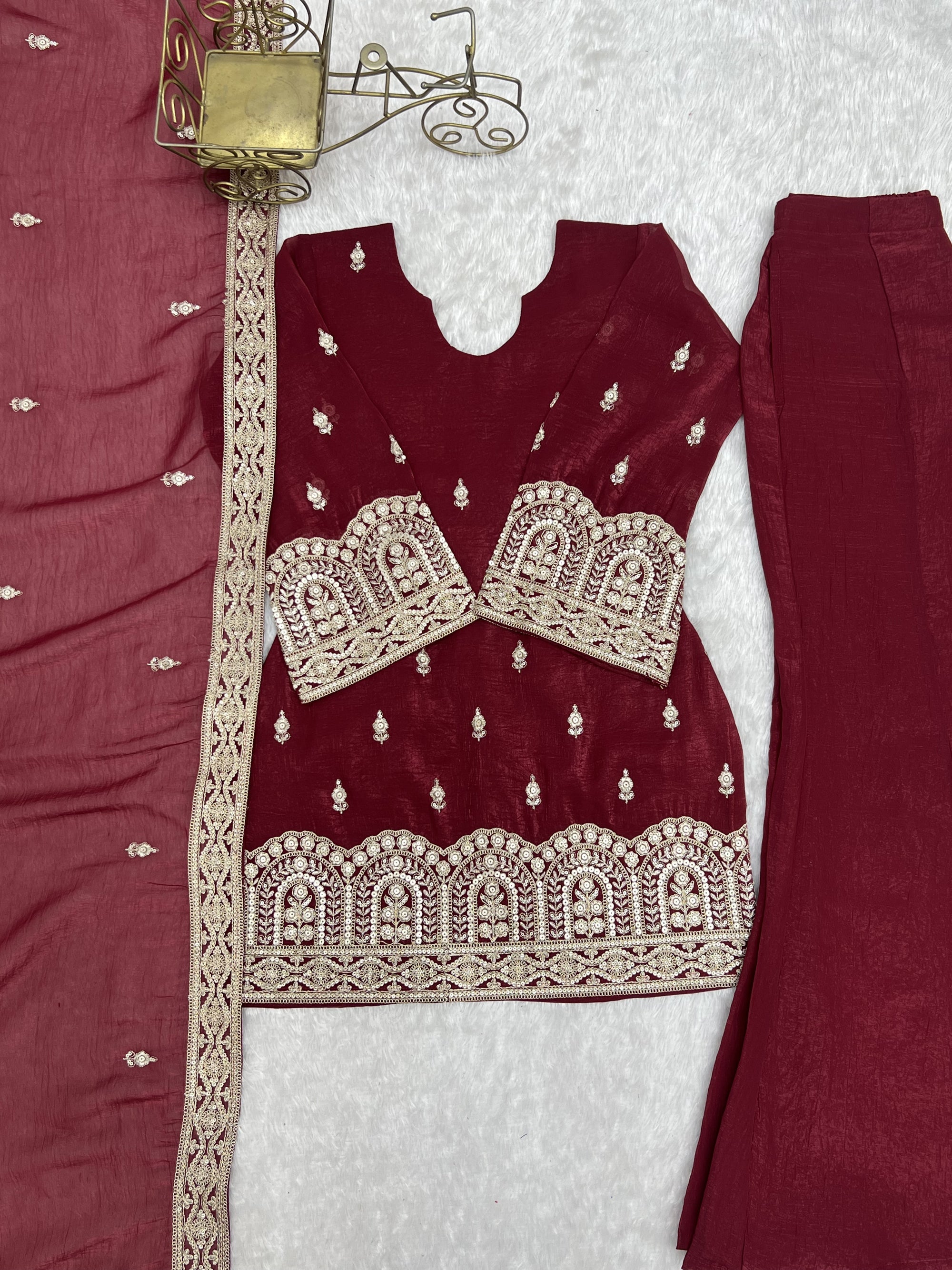 Lorenvalley Fashion Maroon Crunchy Silk with Embroidery Sequence, Dori and Zari Work Kurta Bell Bottom Pants with Dupatta | Grocsy