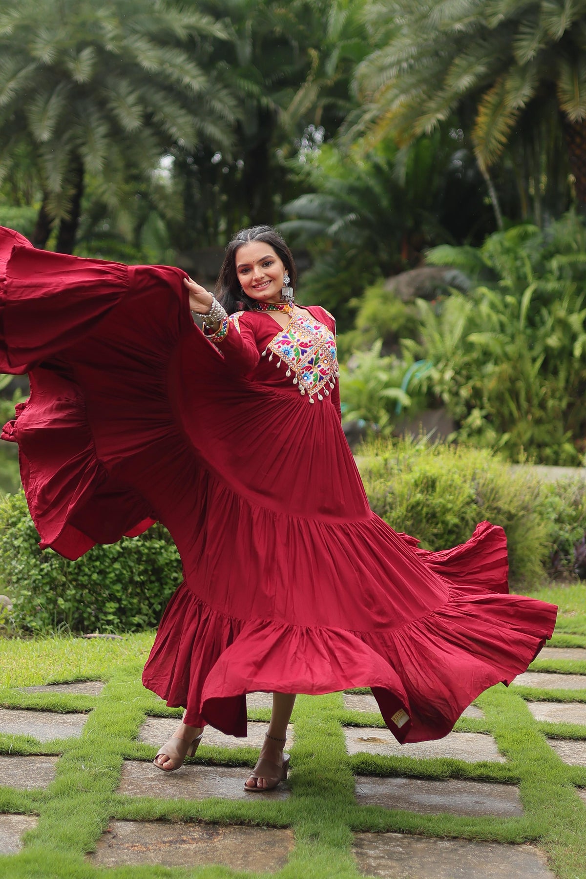 Lorenvalley Maroon Rayon Fabric with Kutchi Gamthi work Gown | Grocsy