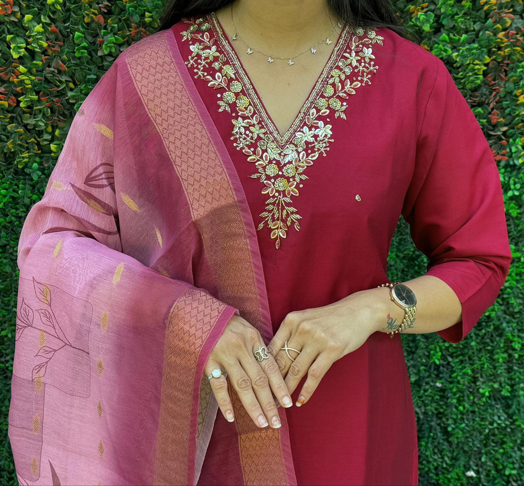 Lorenvalley Fashion Maroon Roman Silk Hand Work Kurta Pant with Dupatta | Grocsy