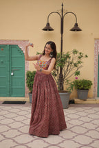 Lorenvalley Maroon Printed Cotton With Kutchi Gamthi Work and Kodi Lace Gown | Grocsy