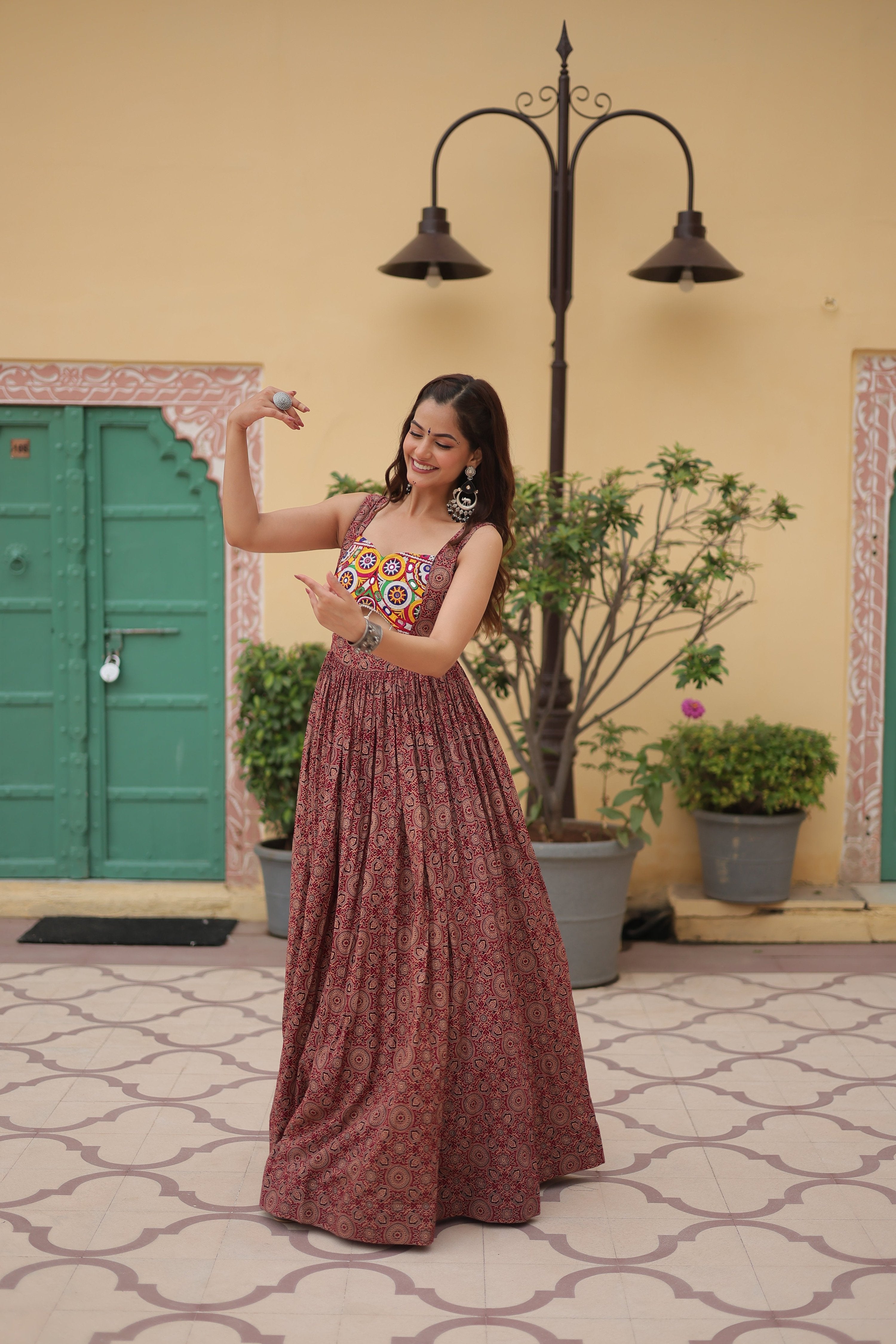 Lorenvalley Maroon Printed Cotton With Kutchi Gamthi Work and Kodi Lace Gown | Grocsy