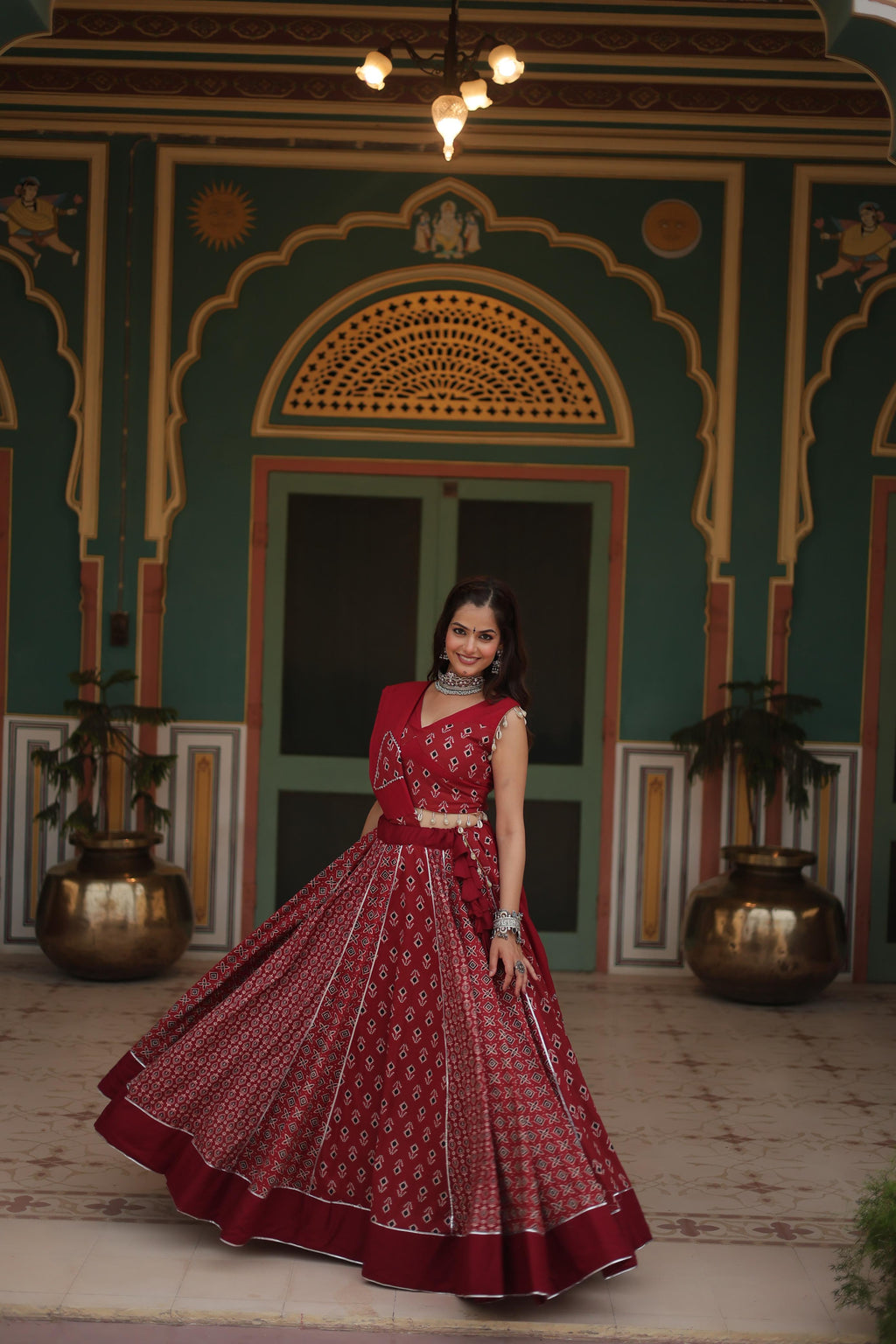 Lorenvalley Maroon Rayon Gota Patti Lace Printed Kali Pattern Lehenga Choli with Dupatta | Grocsy