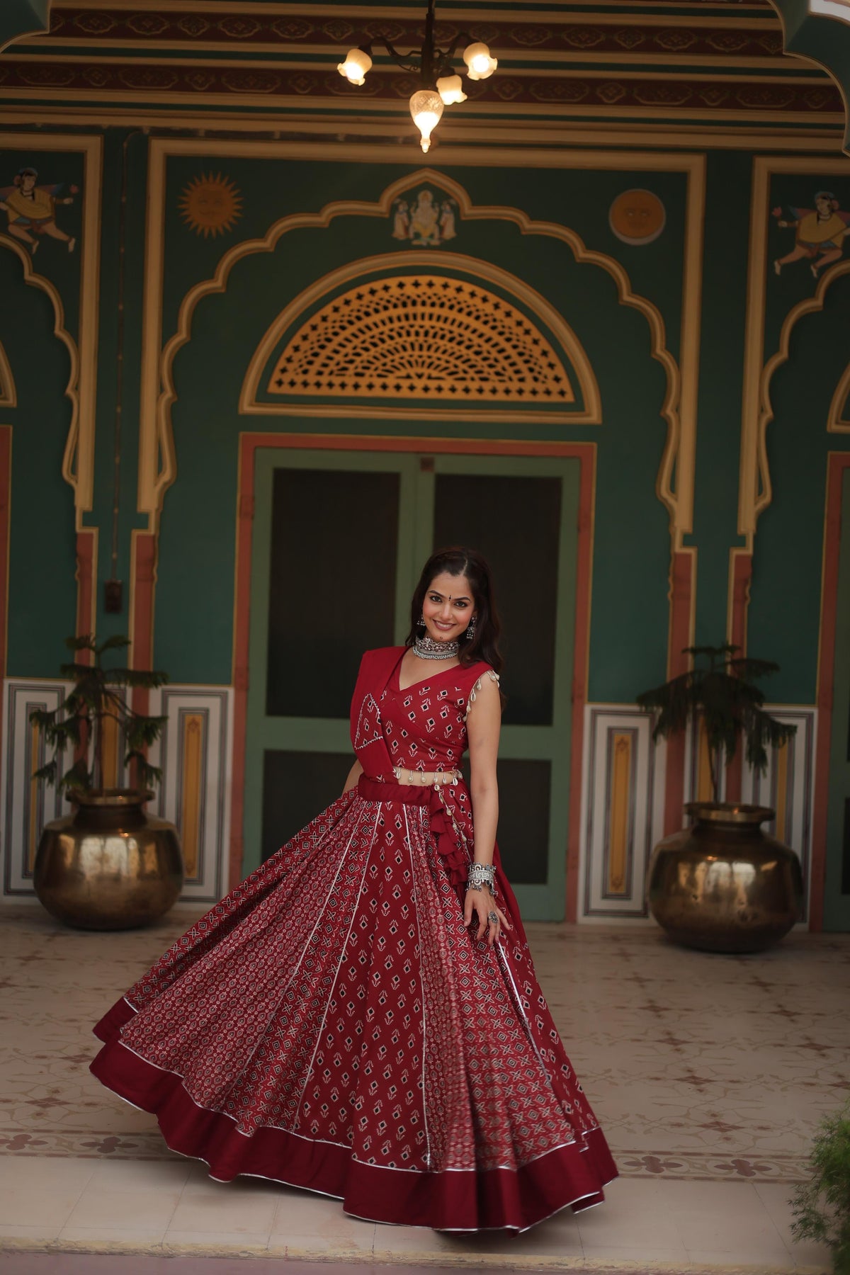 Lorenvalley Maroon Rayon Gota Patti Lace Printed Kali Pattern Lehenga Choli with Dupatta | Grocsy