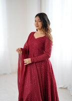 Lorenvalley Fashion Maroon Faux Georgette Lukhnowi Sequence Work Anarkali Kurta Pant With Dupatta Set | Grocsy