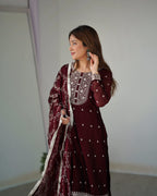 Lorenvalley Maroon Rangoli Silk Embroidery Sequence And Thread Work Kurta Trousers with Dupatta Set | Grocsy