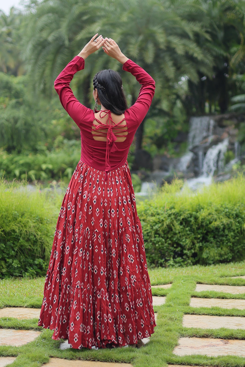 Lorenvalley Maroon Cotton Printed With Kutchi Gamthi Work and Kodi Lace Gown | Grocsy