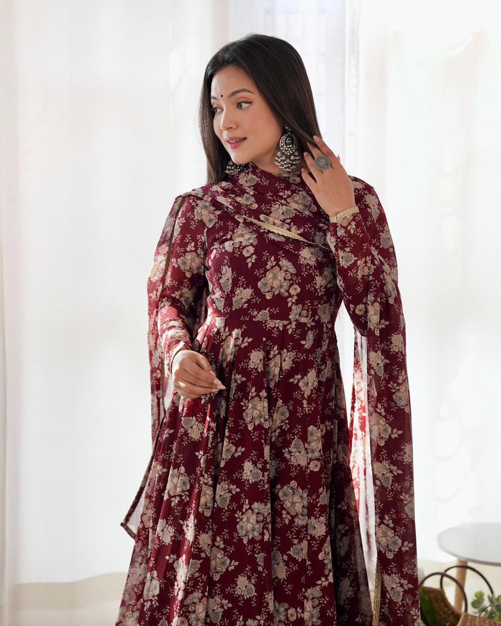 Lorenvalley Pure Faux Georgette Multi Floral Print Fully Flared Anarkali Pant With Dupatta Set - Maroon | Grocsy