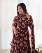 Lorenvalley Pure Faux Georgette Multi Floral Print Fully Flared Anarkali Pant With Dupatta Set - Maroon | Grocsy