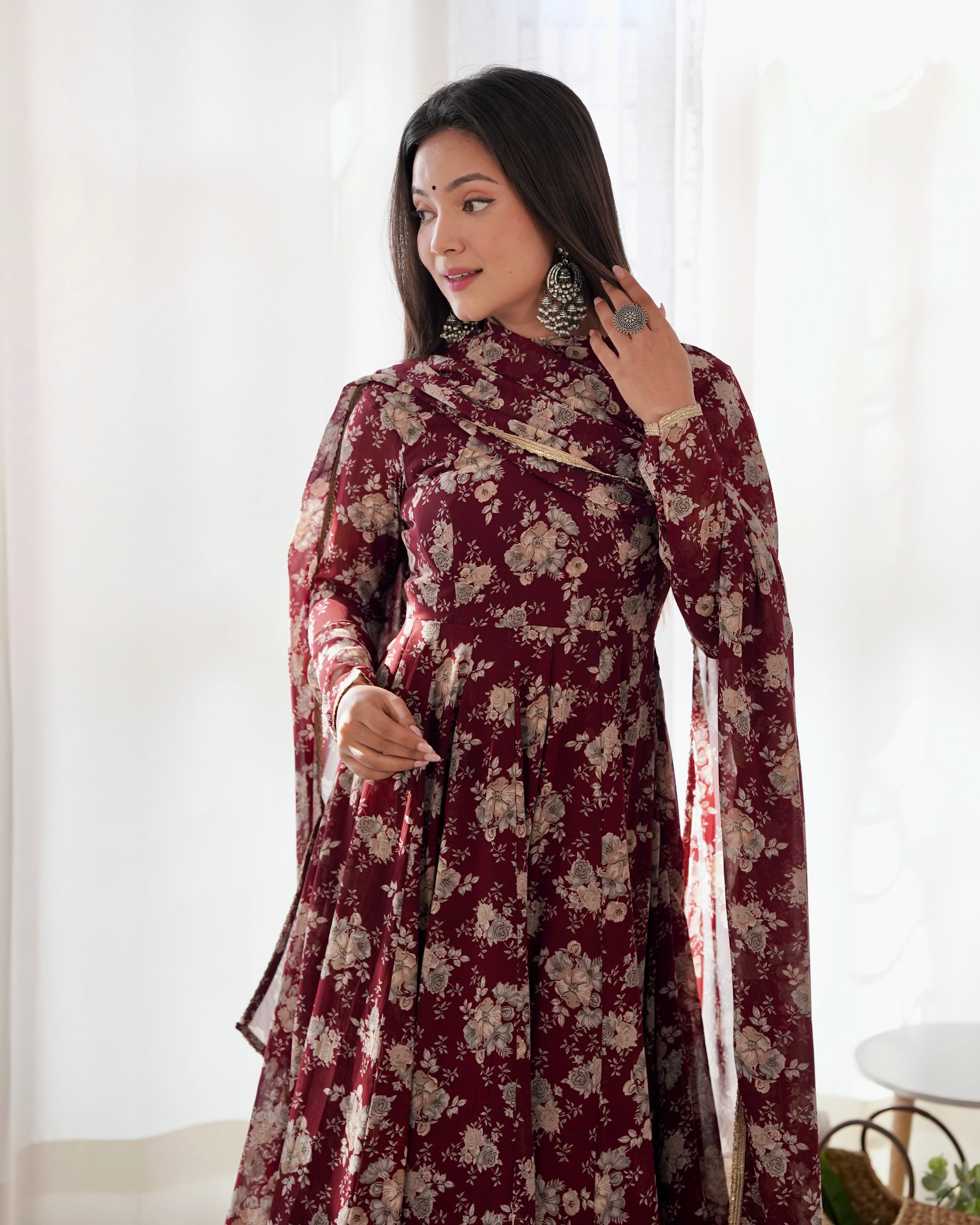 Lorenvalley Pure Faux Georgette Multi Floral Print Fully Flared Anarkali Pant With Dupatta Set - Maroon | Grocsy