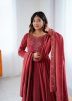 Lorenvalley Fashion Maroon Roman Shimmer Chanderi Silk Yoke Fancy Handwork Beads Work Anarkali Kurta Pant With Dupatta Set | Grocsy