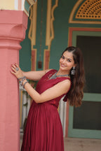 Lorenvalley Maroon Rayon Fabric with Printed Attached In Frill And Neck Gown | Grocsy