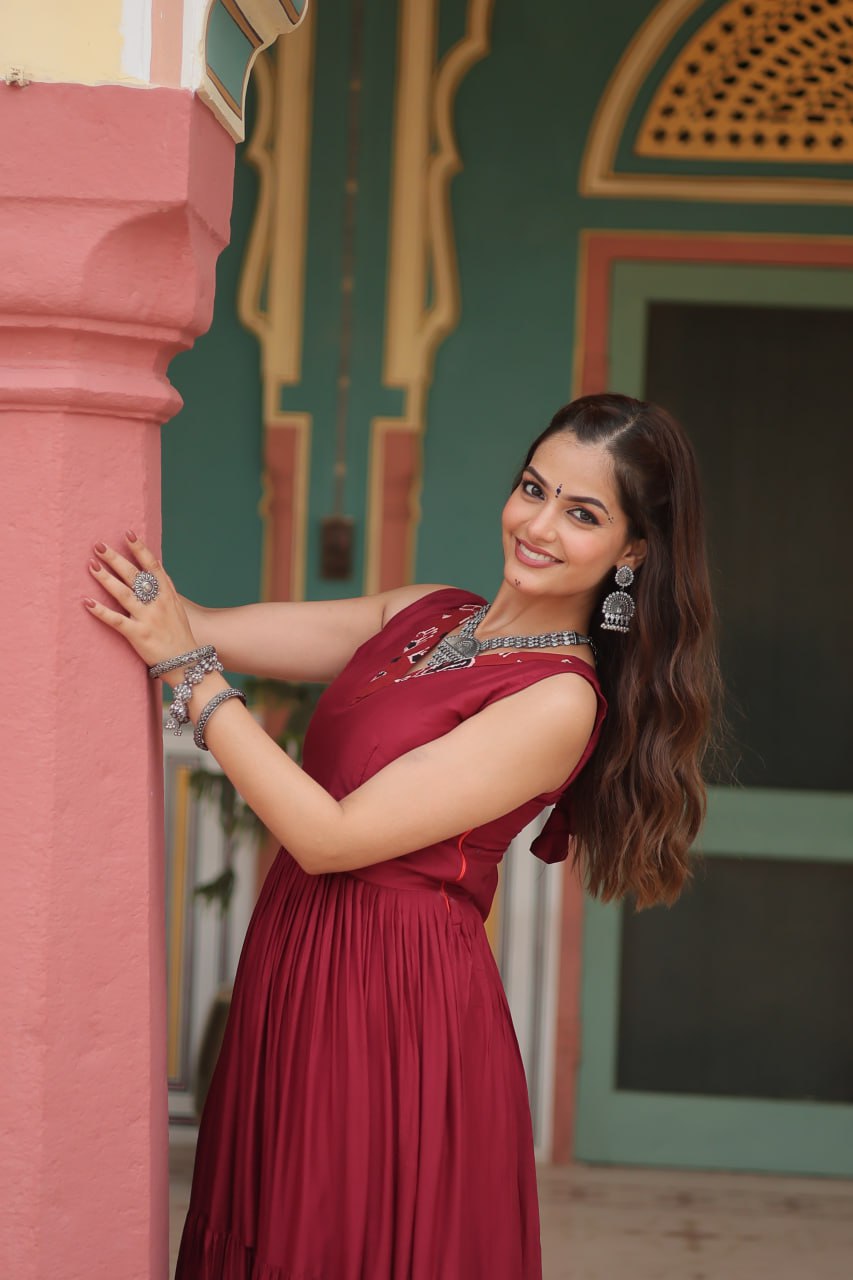 Lorenvalley Maroon Rayon Fabric with Printed Attached In Frill And Neck Gown | Grocsy