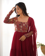 Lorenvalley Fashion Maroon Faux Georgette Embroidery 9 Needle Thread Work Anarkali Pant with Dupatta | Grocsy