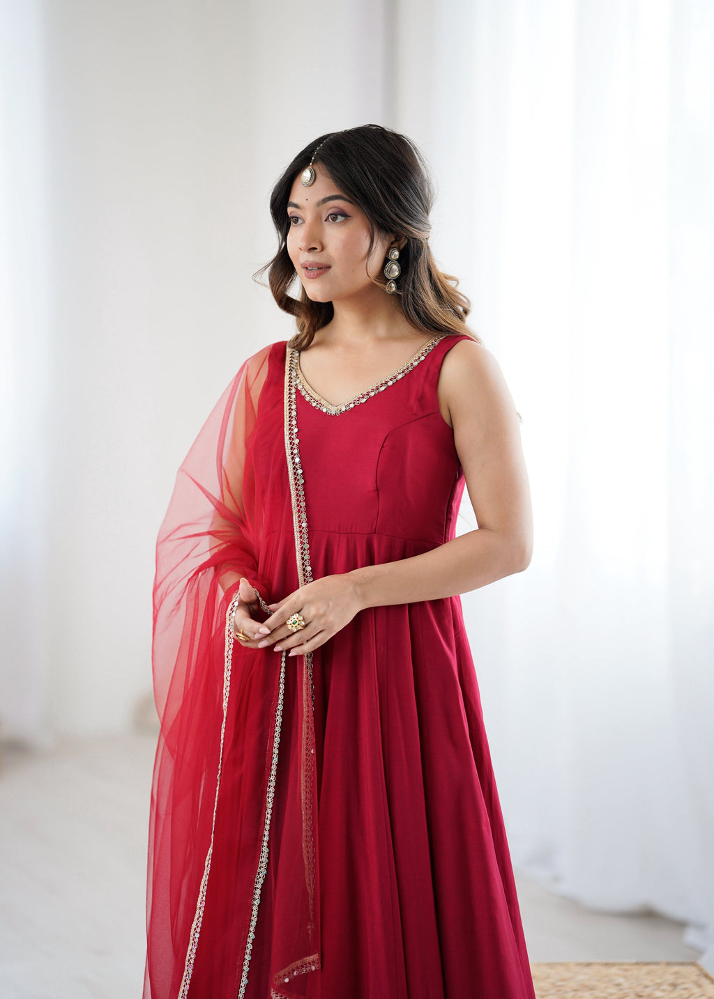 Lorenvalley Fashion Maroon Pure Romansilk Chanderi Fabric Yoke Fancy Lace Work Anarkali Kurta Pant With Dupatta Set | Grocsy