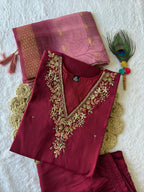 Lorenvalley Fashion Maroon Roman Silk Hand Work Kurta Pant with Dupatta | Grocsy