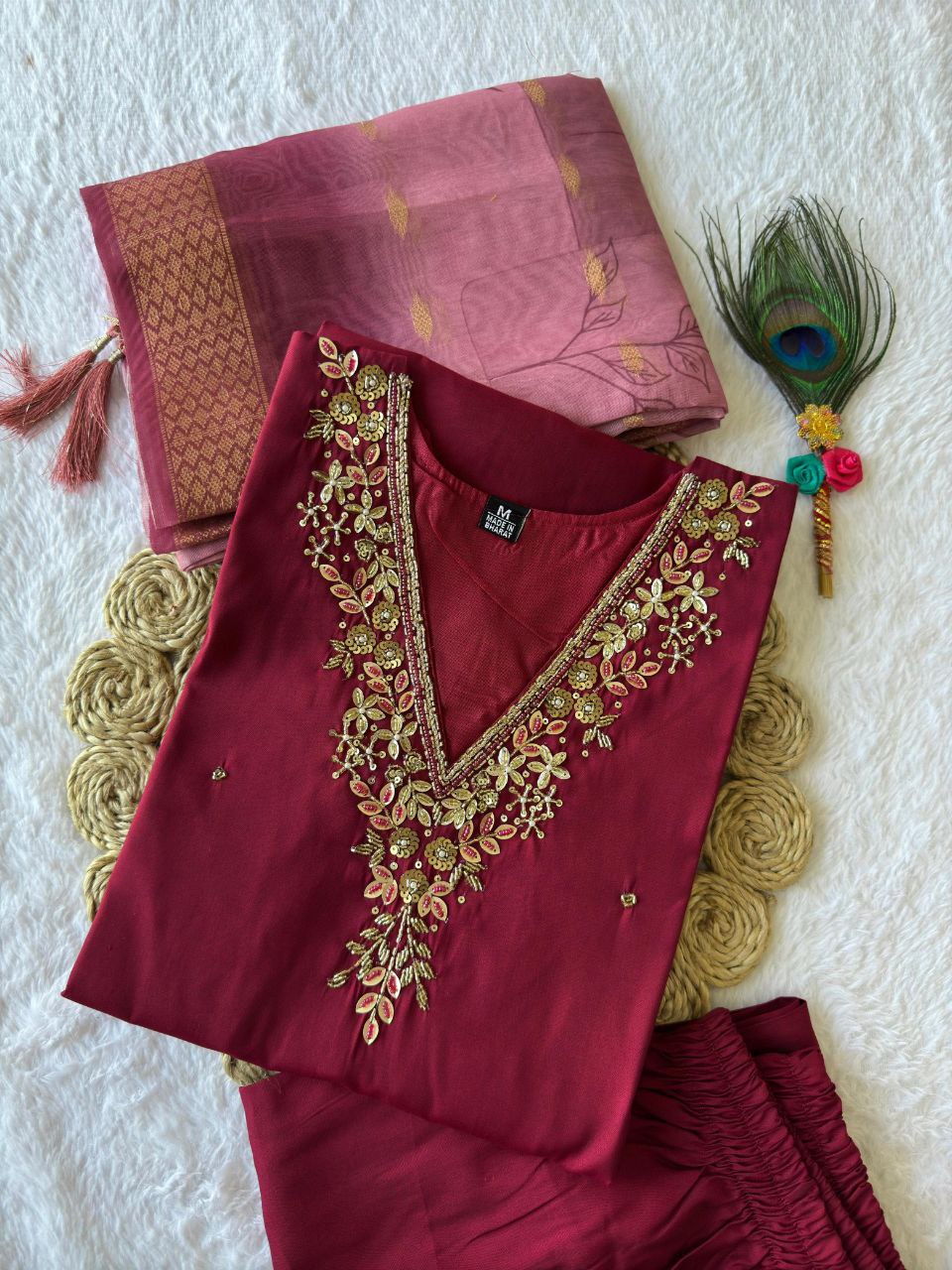Lorenvalley Fashion Maroon Roman Silk Hand Work Kurta Pant with Dupatta | Grocsy
