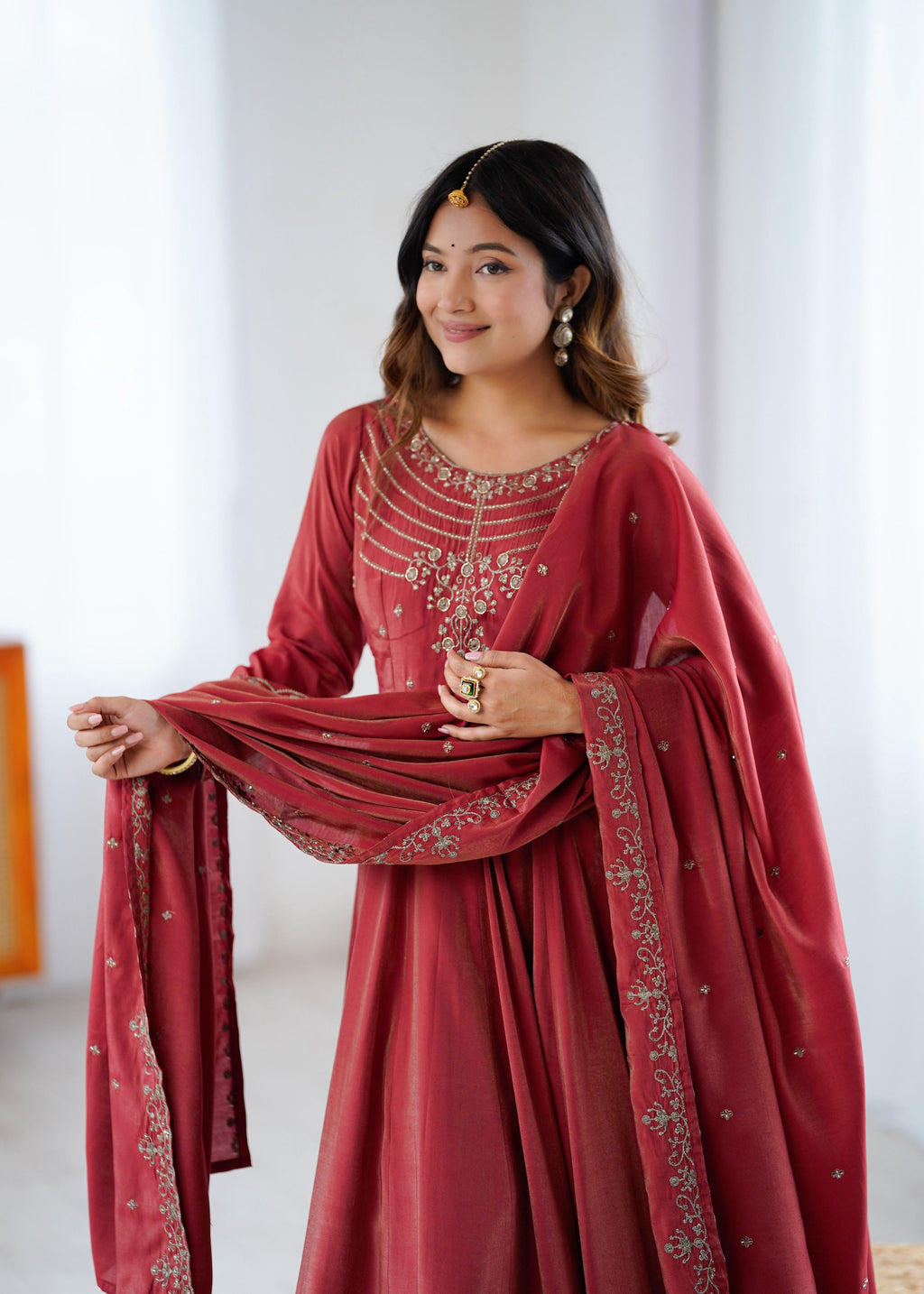 Lorenvalley Fashion Maroon Roman Shimmer Chanderi Silk Yoke Fancy Handwork Beads Work Anarkali Kurta Pant With Dupatta Set | Grocsy