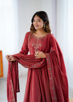 Lorenvalley Fashion Maroon Roman Shimmer Chanderi Silk Yoke Fancy Handwork Beads Work Anarkali Kurta Pant With Dupatta Set | Grocsy