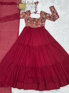 Lorenvalley Fashion Maroon Faux Georgette Embroidery 9 Needle Thread Work Anarkali Pant with Dupatta | Grocsy