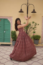 Lorenvalley Maroon Printed Cotton With Kutchi Gamthi Work and Kodi Lace Gown | Grocsy