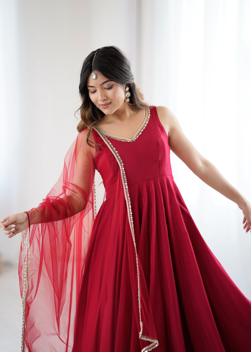 Lorenvalley Fashion Maroon Pure Romansilk Chanderi Fabric Yoke Fancy Lace Work Anarkali Kurta Pant With Dupatta Set | Grocsy