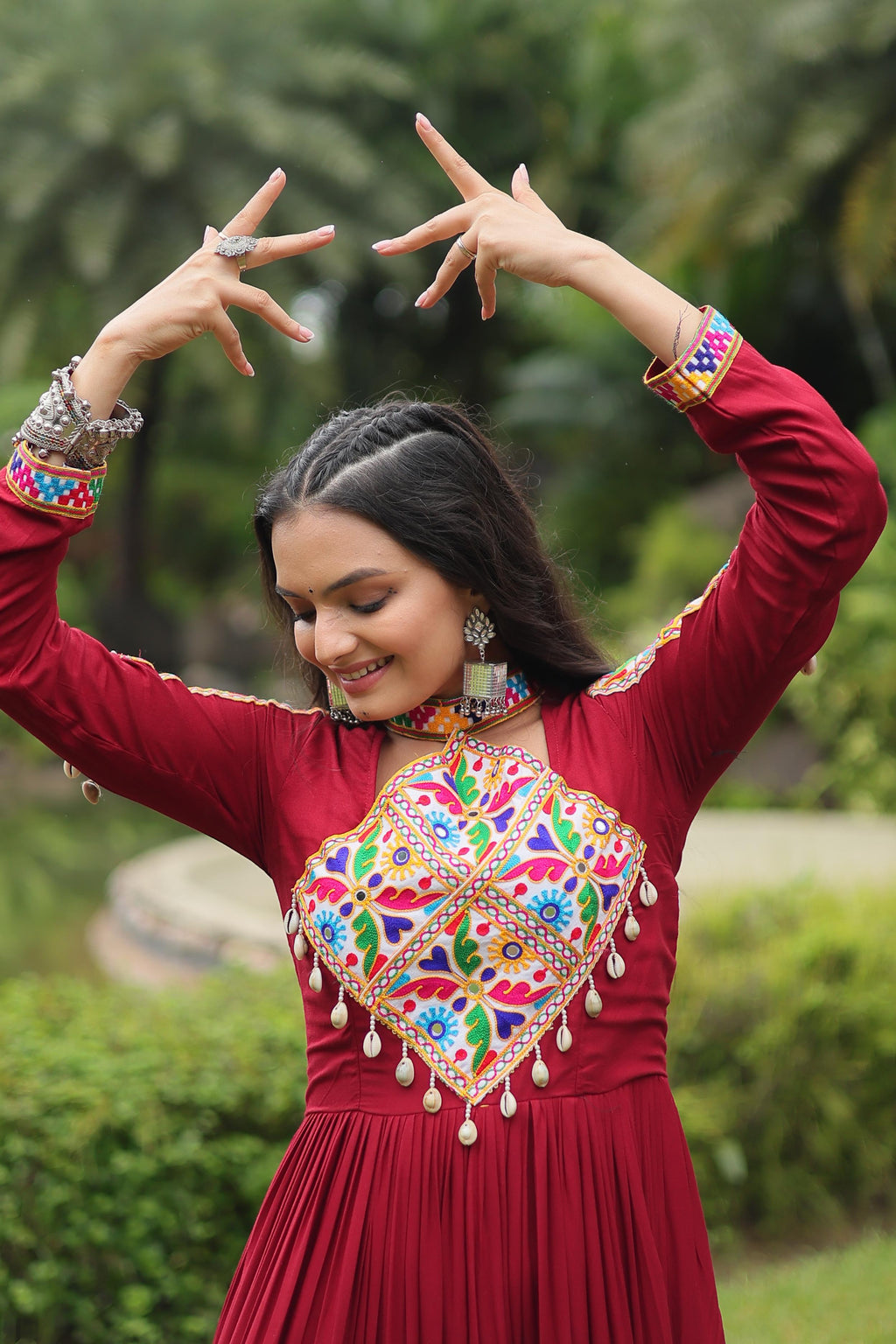Lorenvalley Maroon Rayon Fabric with Kutchi Gamthi work Gown | Grocsy