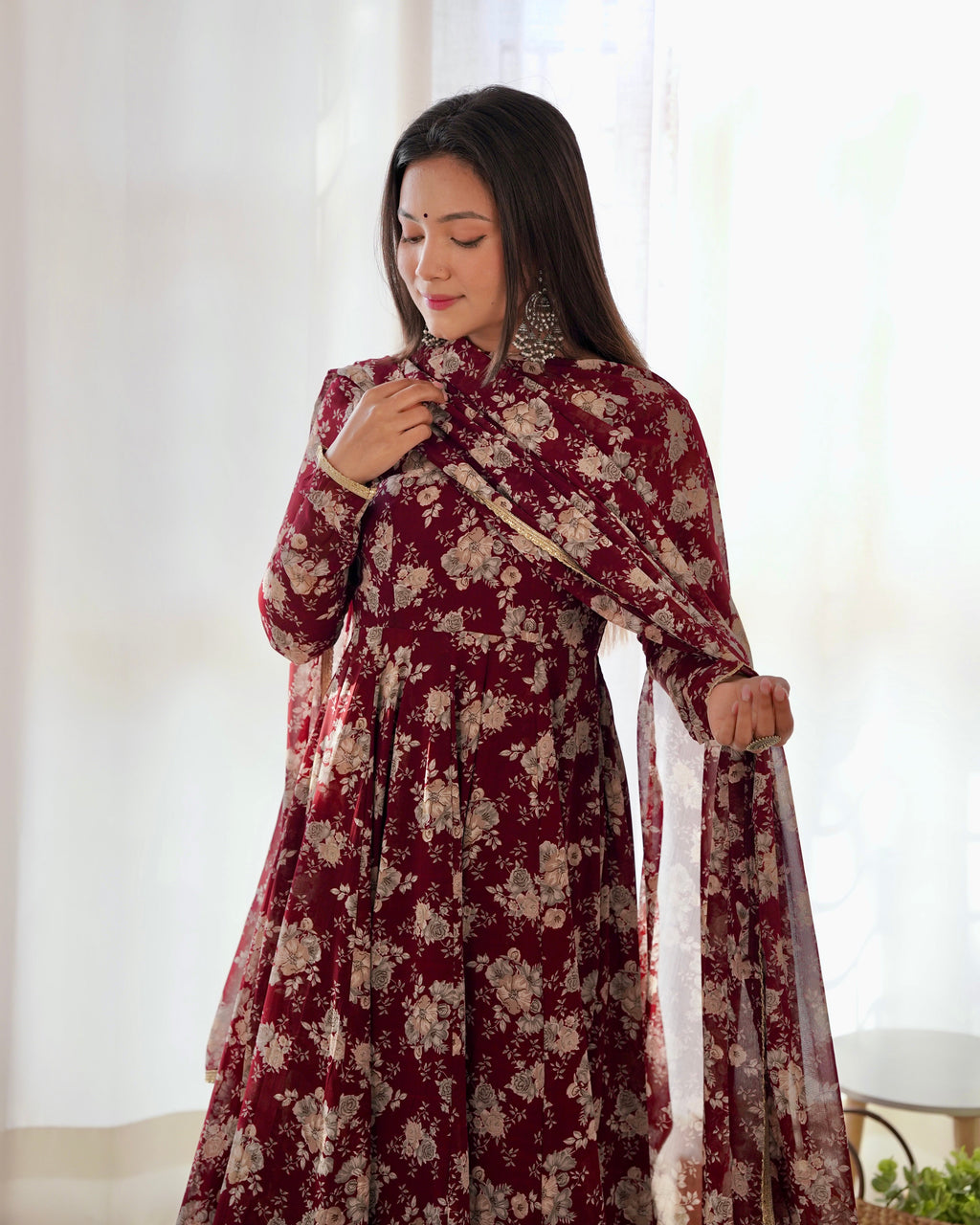 Lorenvalley Pure Faux Georgette Multi Floral Print Fully Flared Anarkali Pant With Dupatta Set - Maroon | Grocsy