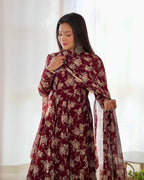 Lorenvalley Pure Faux Georgette Multi Floral Print Fully Flared Anarkali Pant With Dupatta Set - Maroon | Grocsy