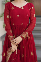 Lorenvalley Fashion Maroon Faux Georgette with Zari & Sequins Embroidered Work Anarkali Gown with Dupatta | Grocsy