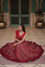 Lorenvalley Maroon Rayon Gota Patti Lace Printed Kali Pattern Lehenga Choli with Dupatta | Grocsy