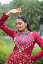Lorenvalley Maroon Cotton Printed With Kutchi Gamthi Work and Kodi Lace Gown | Grocsy
