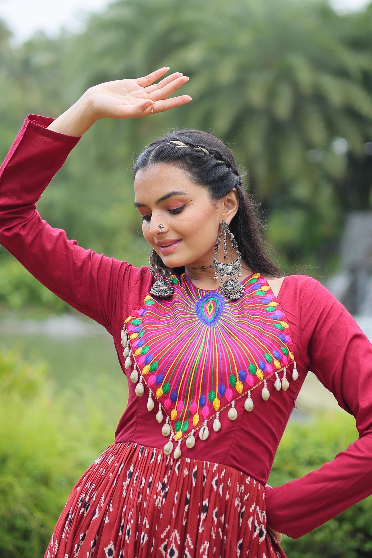 Lorenvalley Maroon Cotton Printed With Kutchi Gamthi Work and Kodi Lace Gown | Grocsy