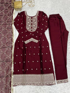 Lorenvalley Maroon Rangoli Silk Embroidery Sequence And Thread Work Kurta Trousers with Dupatta Set | Grocsy