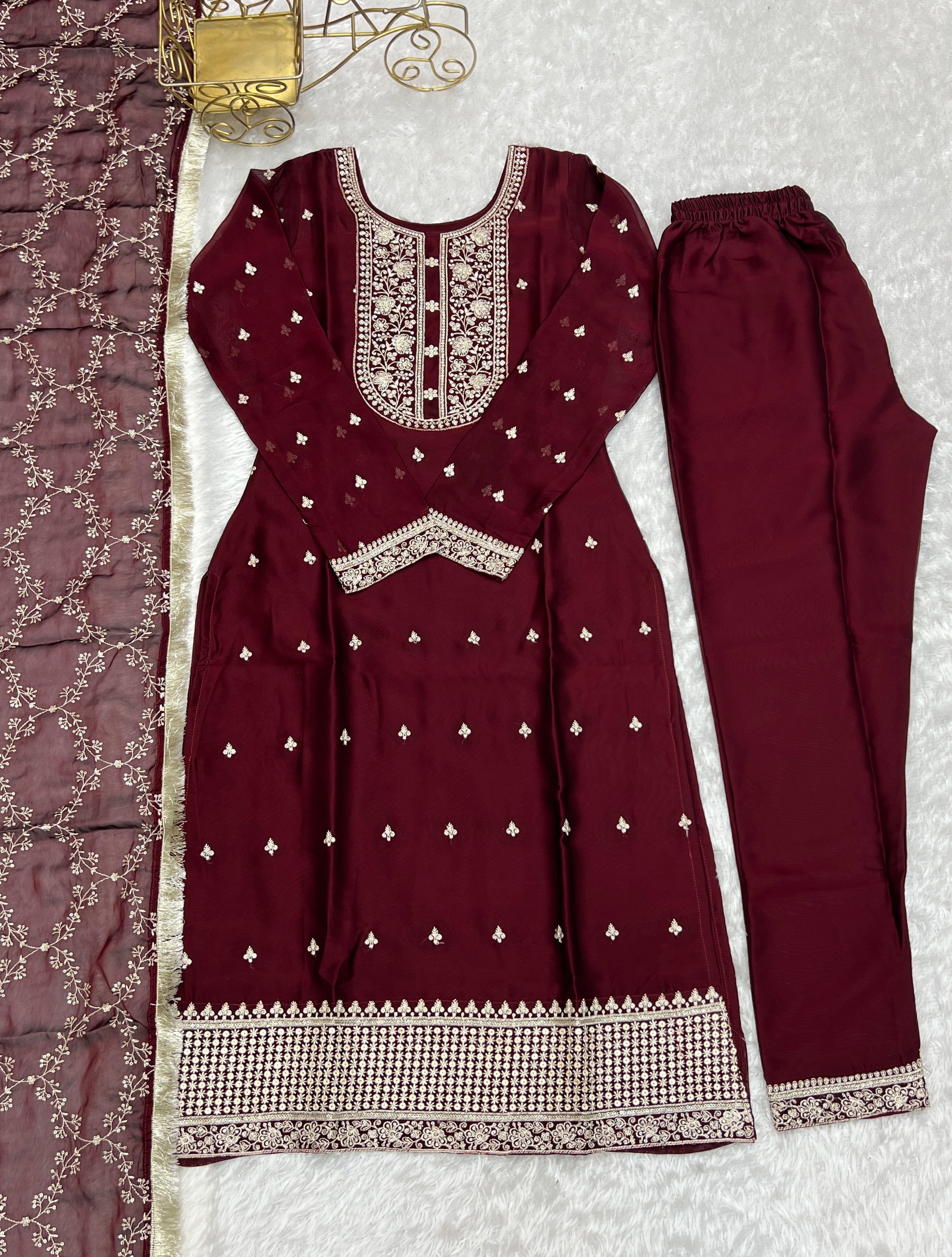 Lorenvalley Maroon Rangoli Silk Embroidery Sequence And Thread Work Kurta Trousers with Dupatta Set | Grocsy