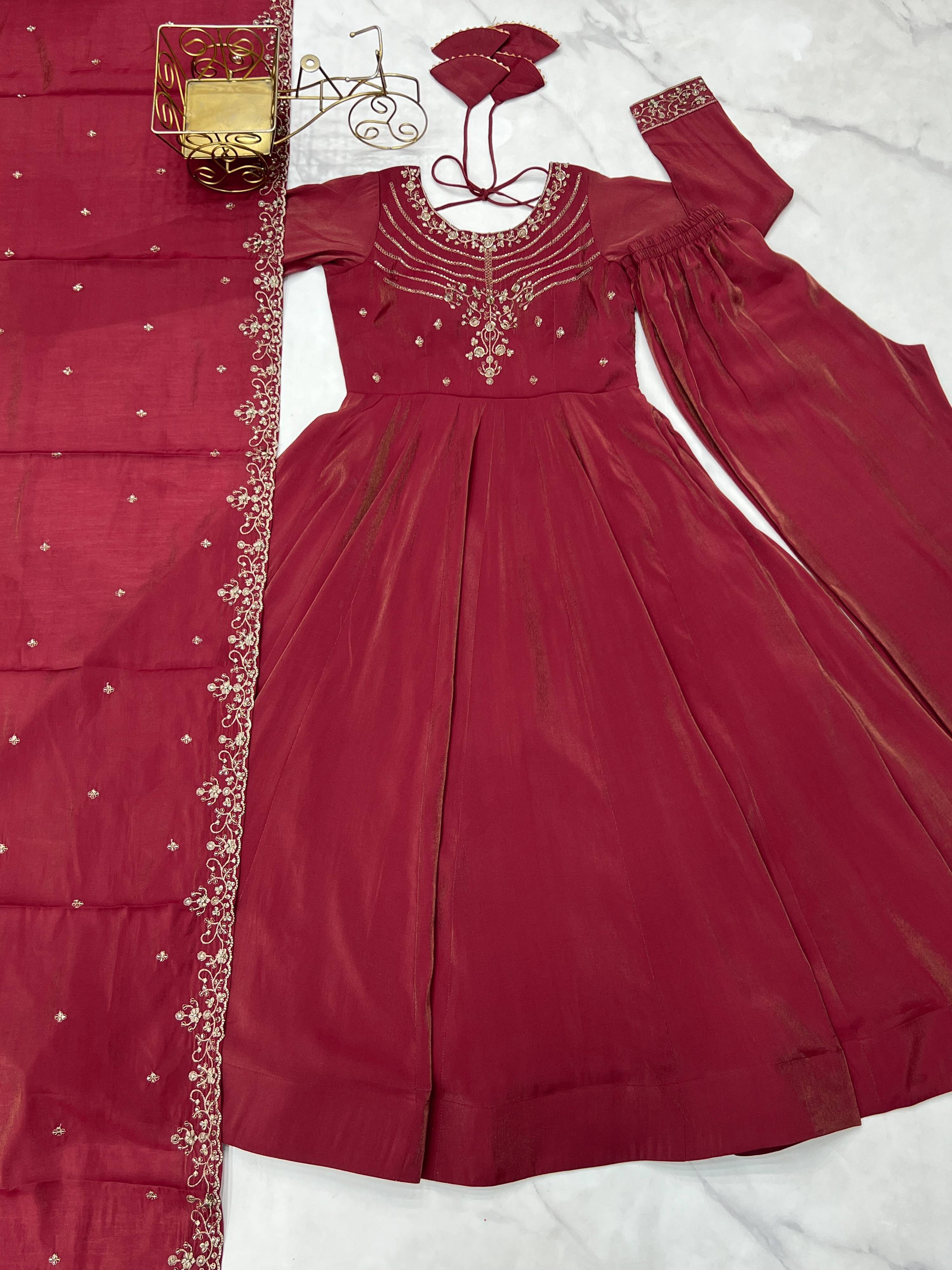 Lorenvalley Fashion Maroon Roman Shimmer Chanderi Silk Yoke Fancy Handwork Beads Work Anarkali Kurta Pant With Dupatta Set | Grocsy